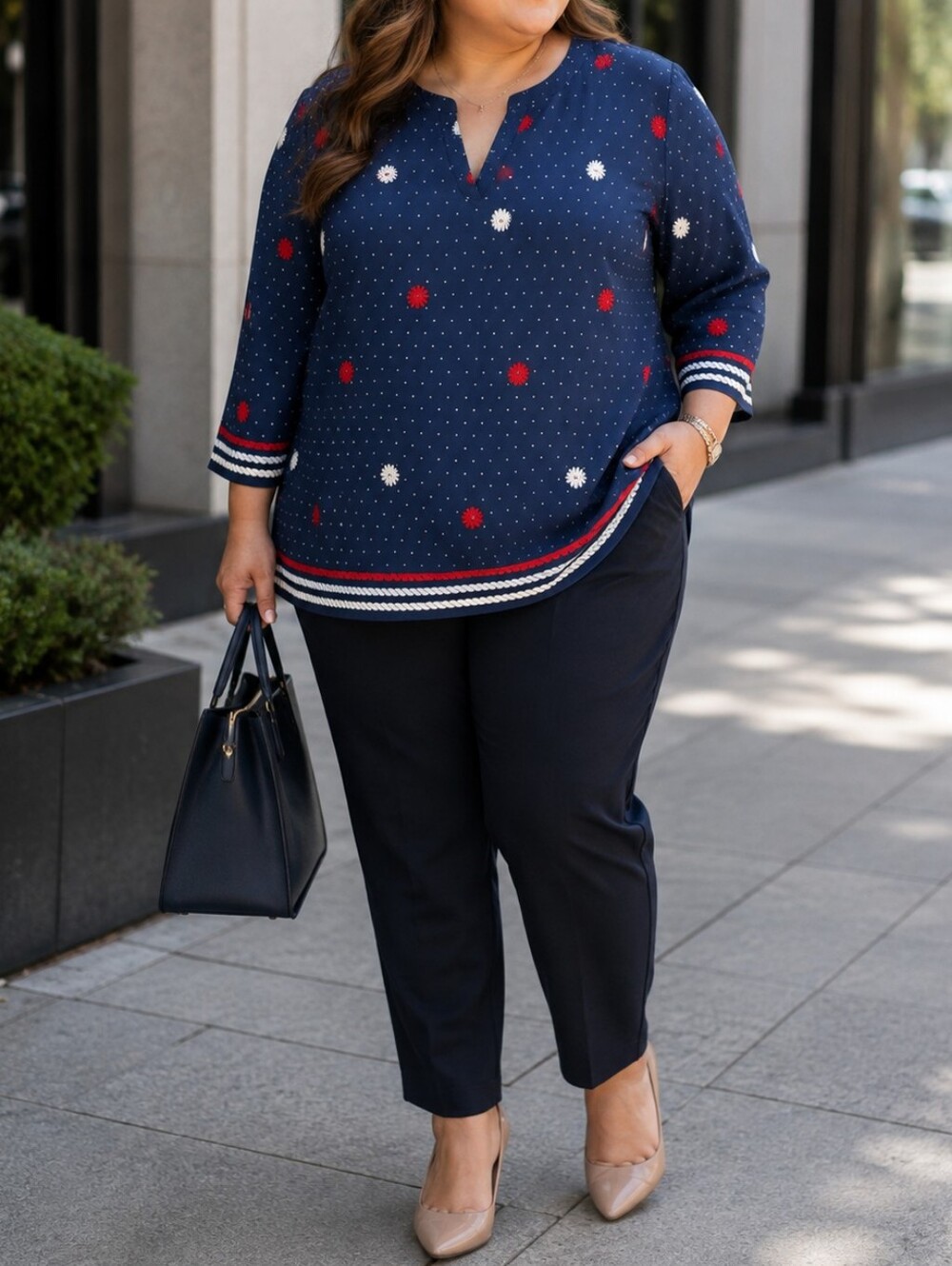 Talbots Navy Blue Nautical Polka Dot Blouse | 3/4 Sleeve Floral Dot Tunic Top